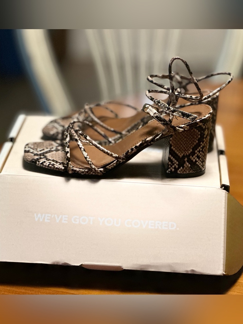 Snake-Print Strappy Block Heel Sandals - Brown/Black